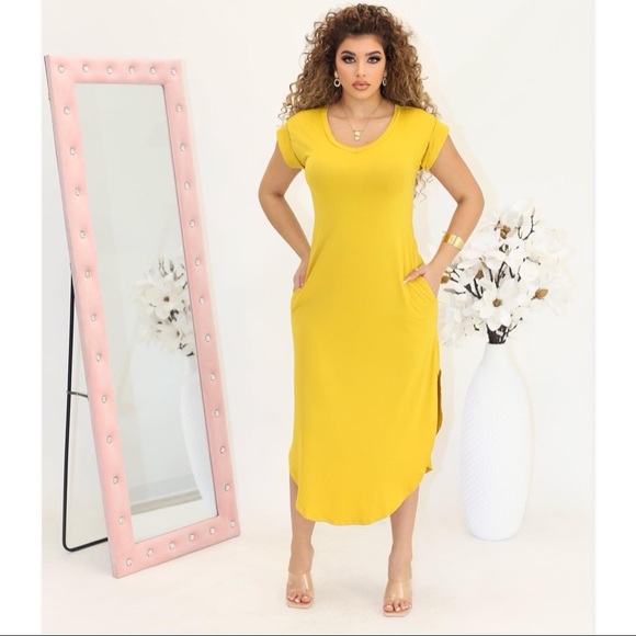 V-NECK TUNIC PLUS SIZE MAXI DRESS Mustard color - Picture 5 of 6
